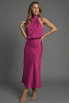 Halter Neck Blouson Satin Midi Occasion Dress