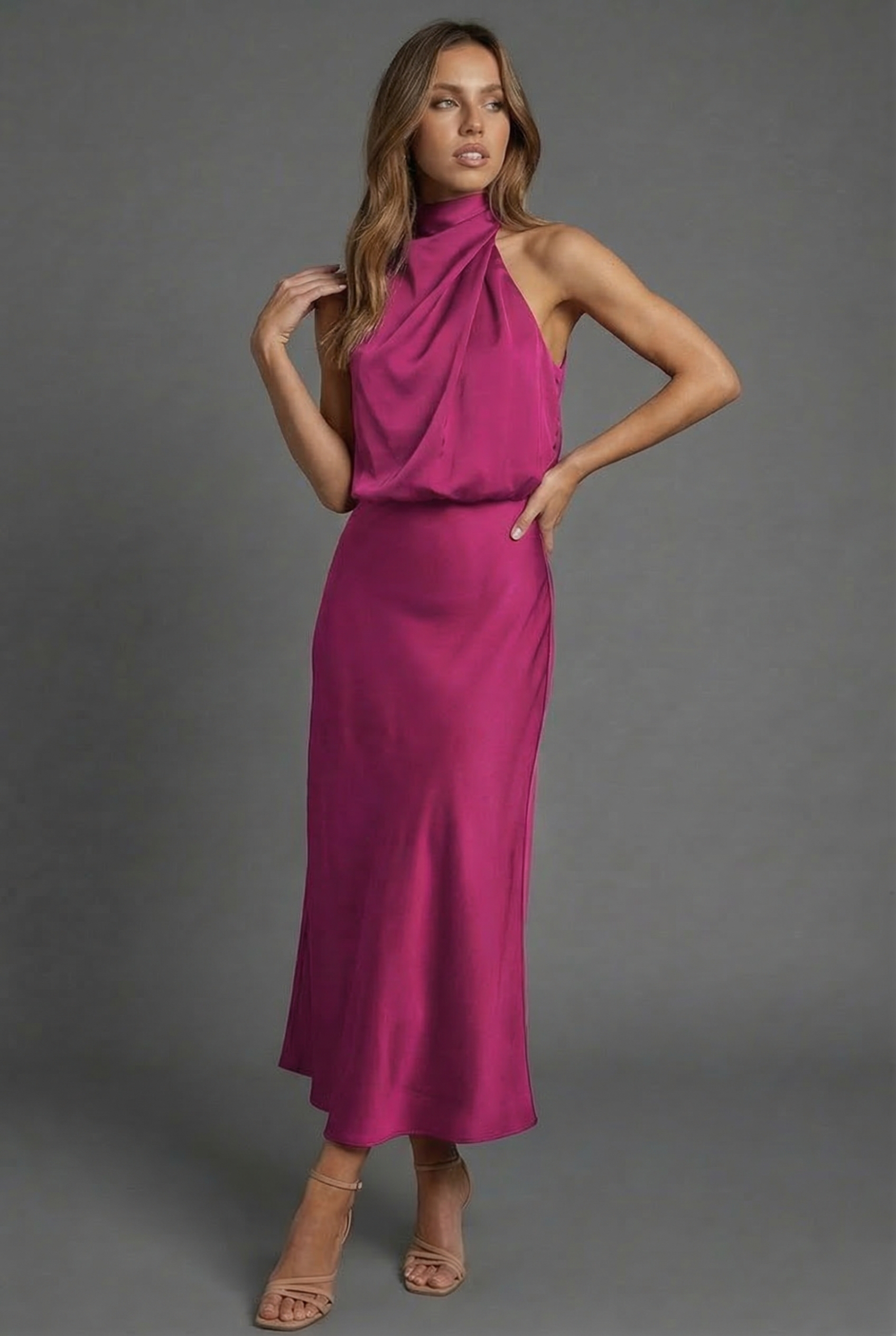 Halter Neck Blouson Satin Midi Occasion Dress