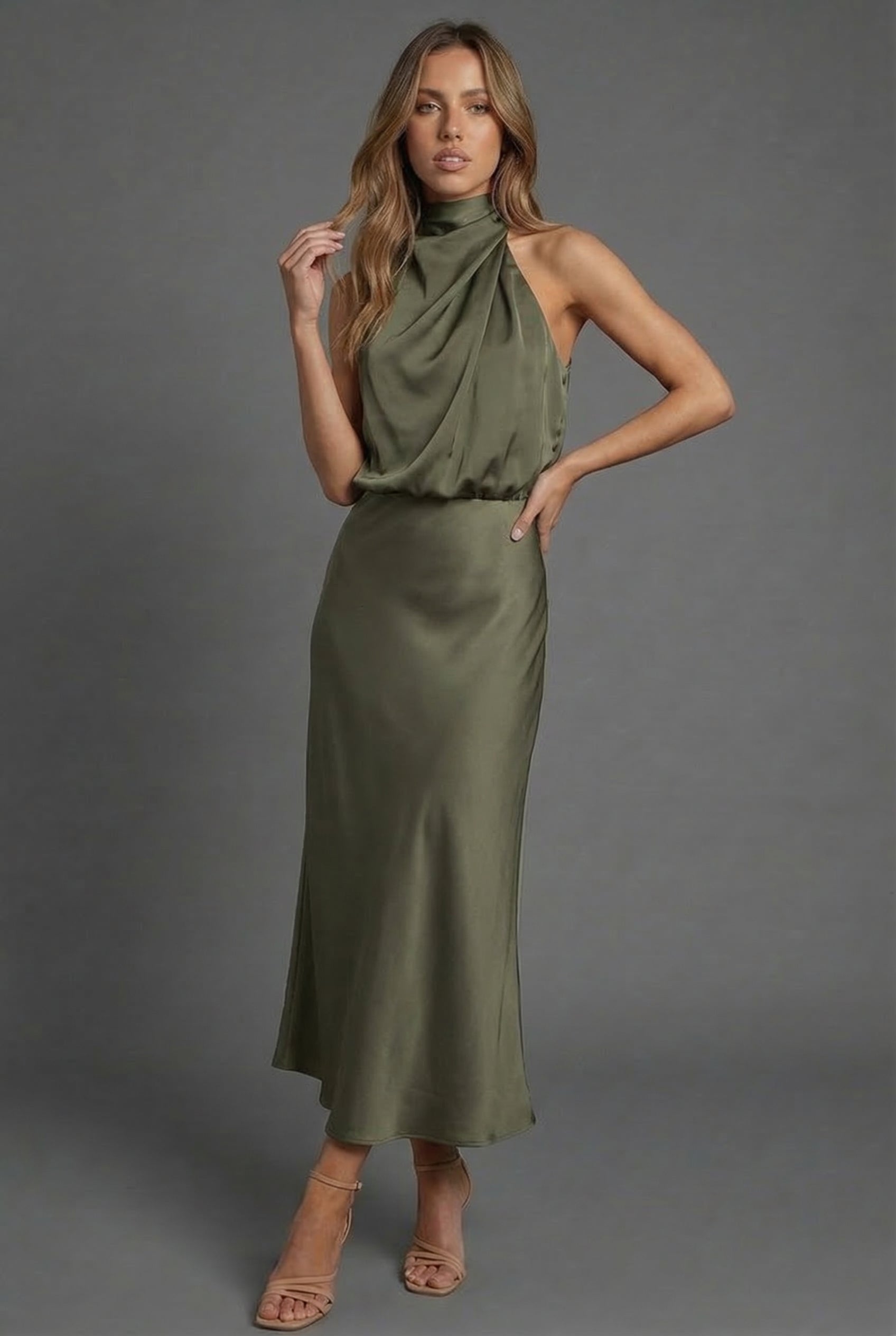 Halter Neck Blouson Satin Midi Occasion Dress