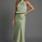 Halter Neck Blouson Satin Midi Occasion Dress