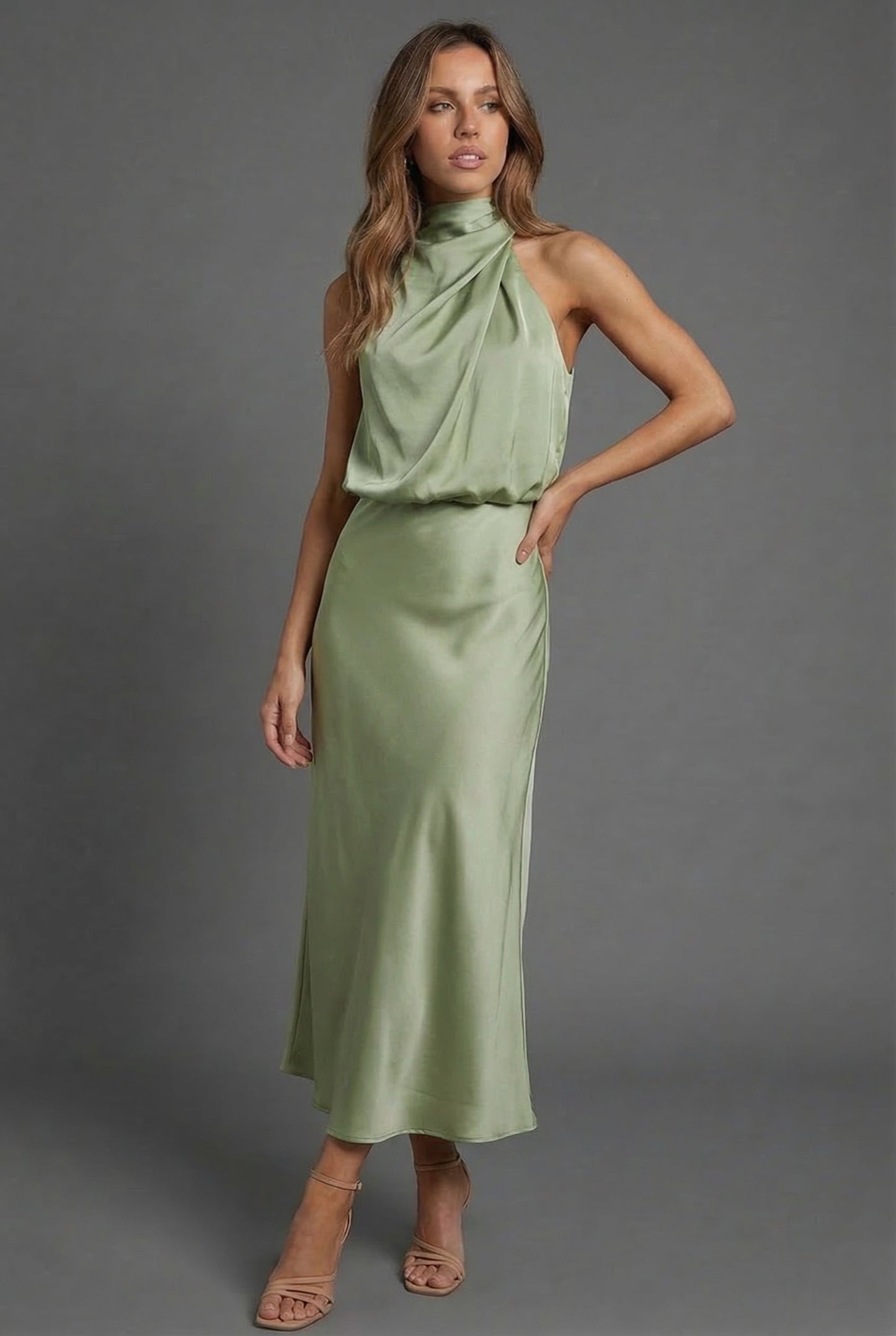 Halter Neck Blouson Satin Midi Occasion Dress