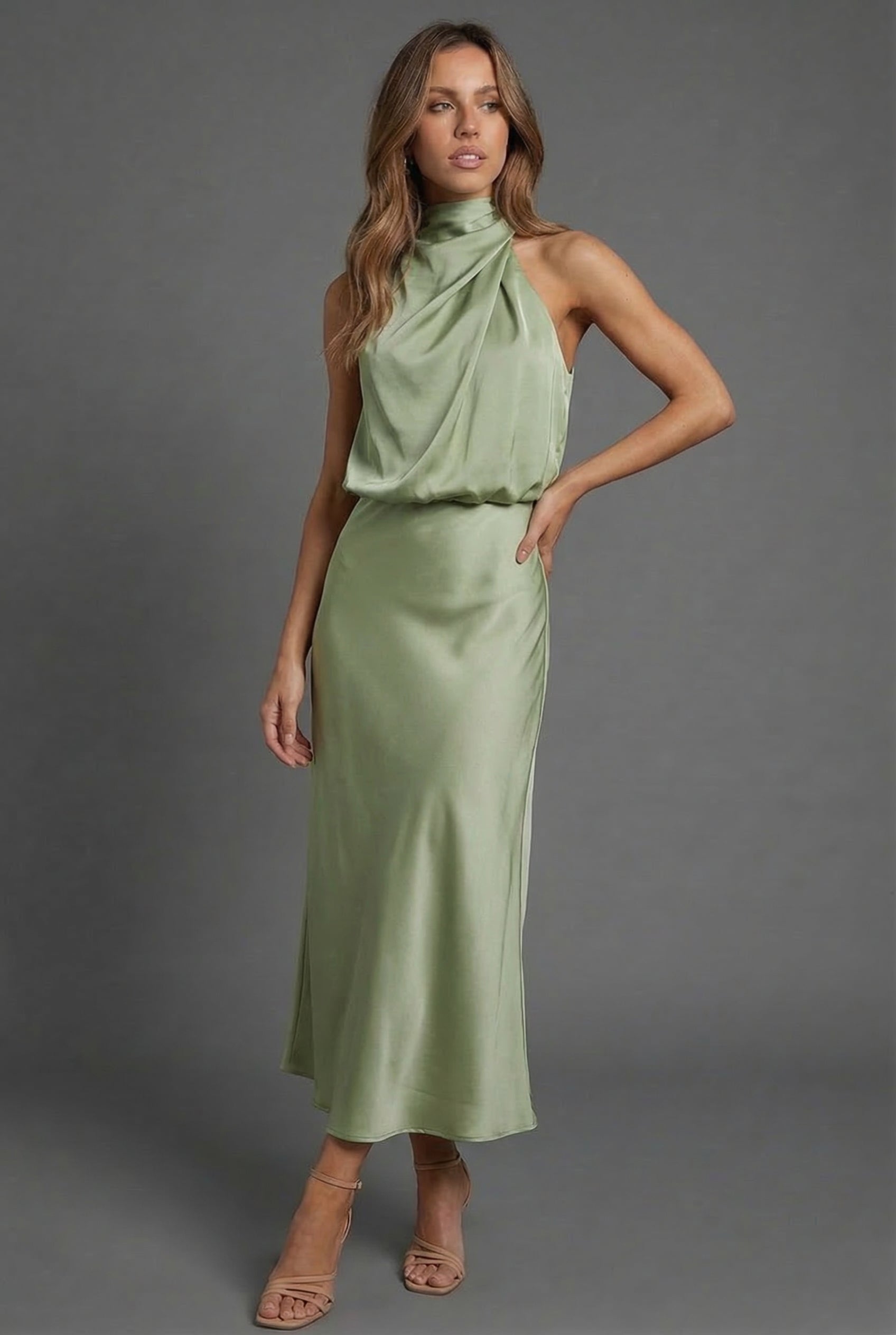 Halter Neck Blouson Satin Midi Occasion Dress