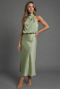 Halter Neck Blouson Satin Midi Occasion Dress