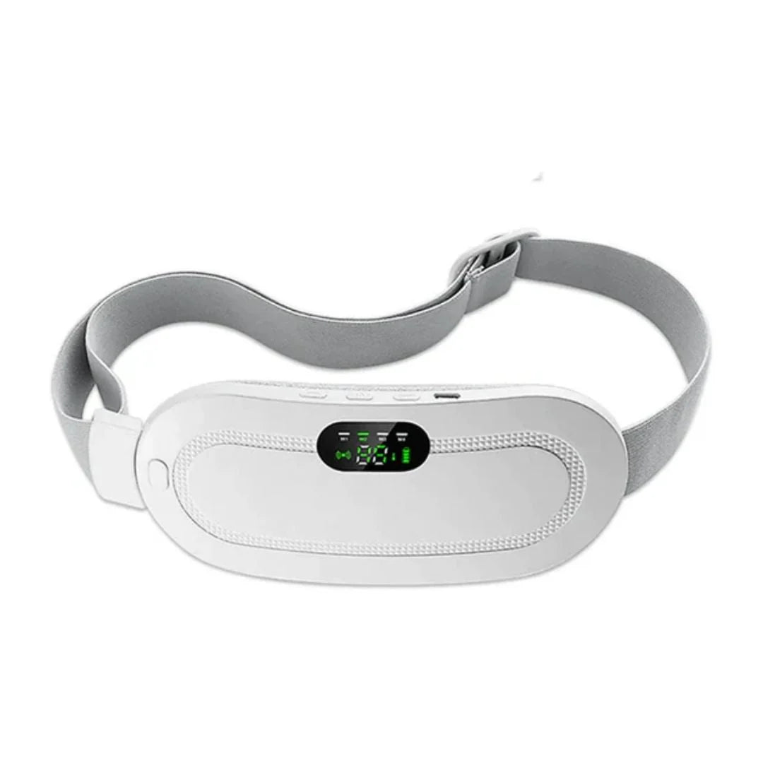 Rechargeable heating pad with adjustable vibration settings, designed for pain relief and comfort, featuring a soft fabric cover and ergonomic shape. 4