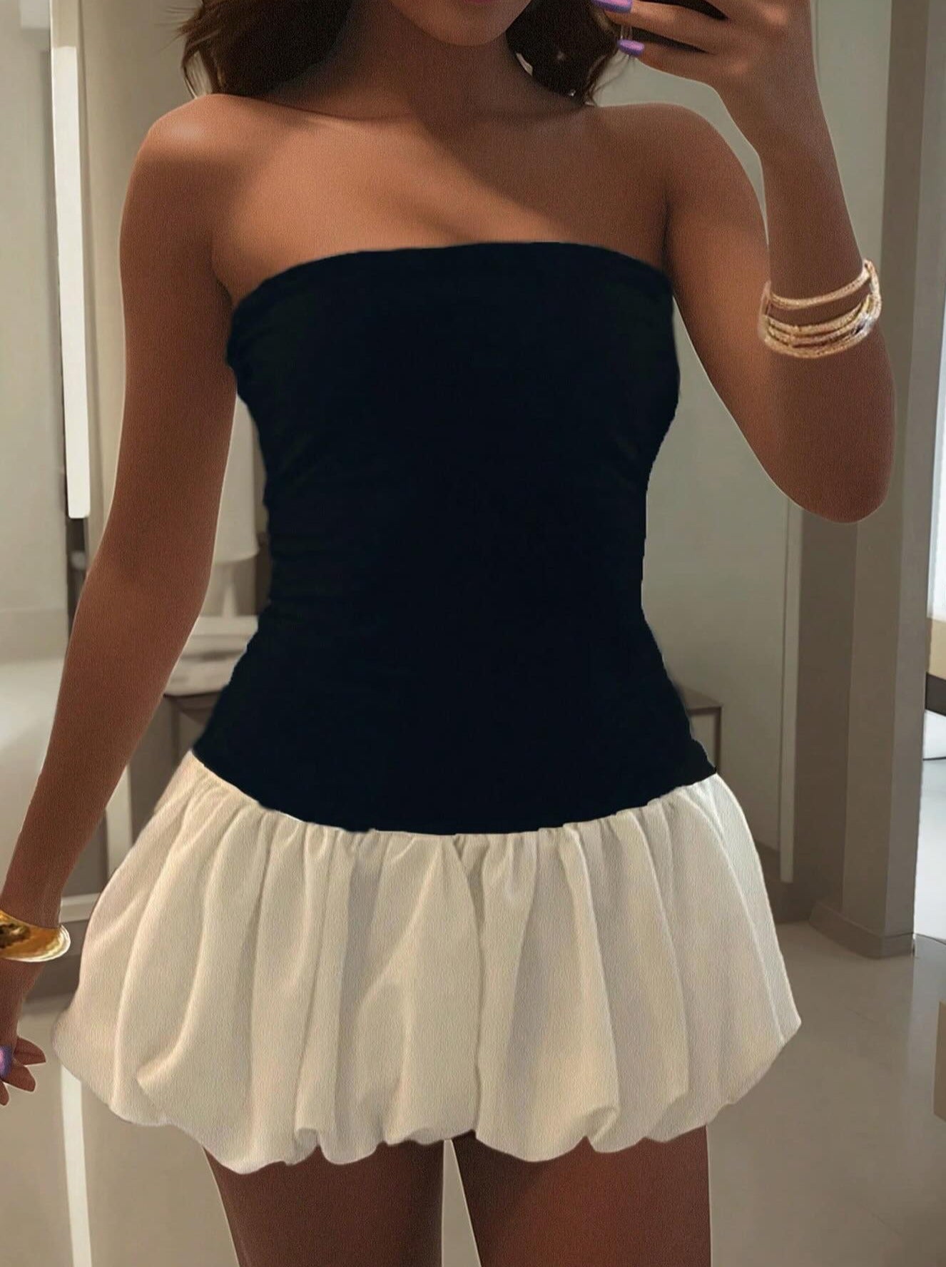 Kendall Drop Waist Bubble Hem Strapless Mini Dress