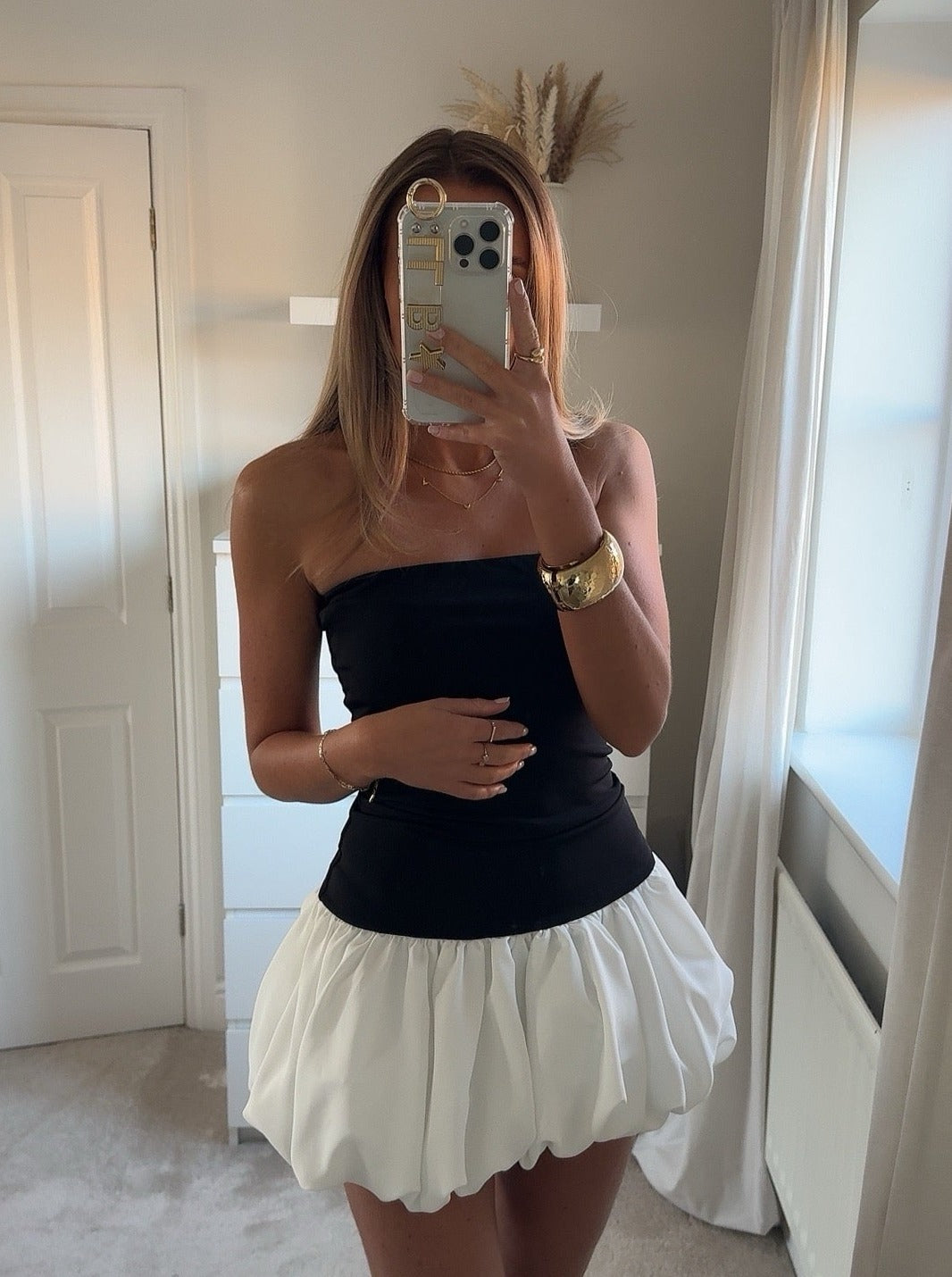 Kendall Drop Waist Bubble Hem Strapless Mini Dress