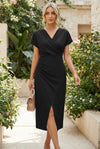 Kimono Sleeve Wrap Midi Dress with Ruched Waist