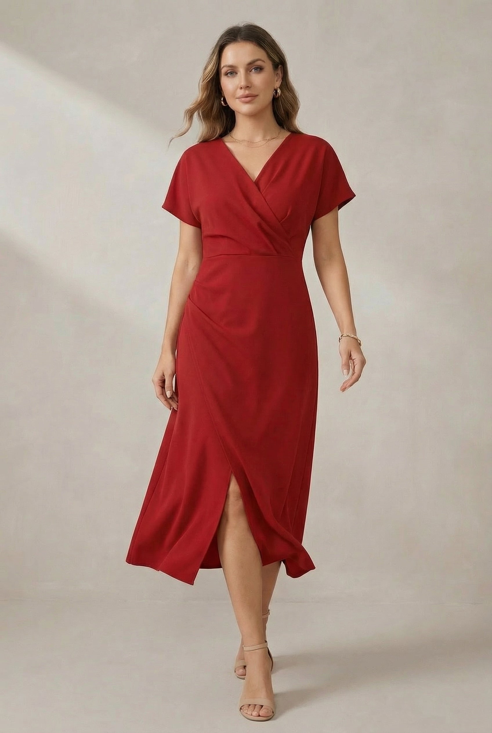 Kimono Sleeve Wrap Midi Dress with Ruched Waist