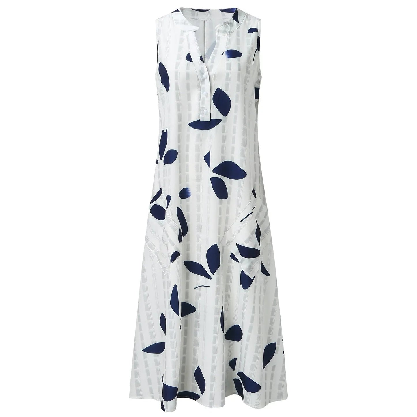 Leaf Print Maxi Dress – Stylish V-Neck Sleeveless Summer Outfit