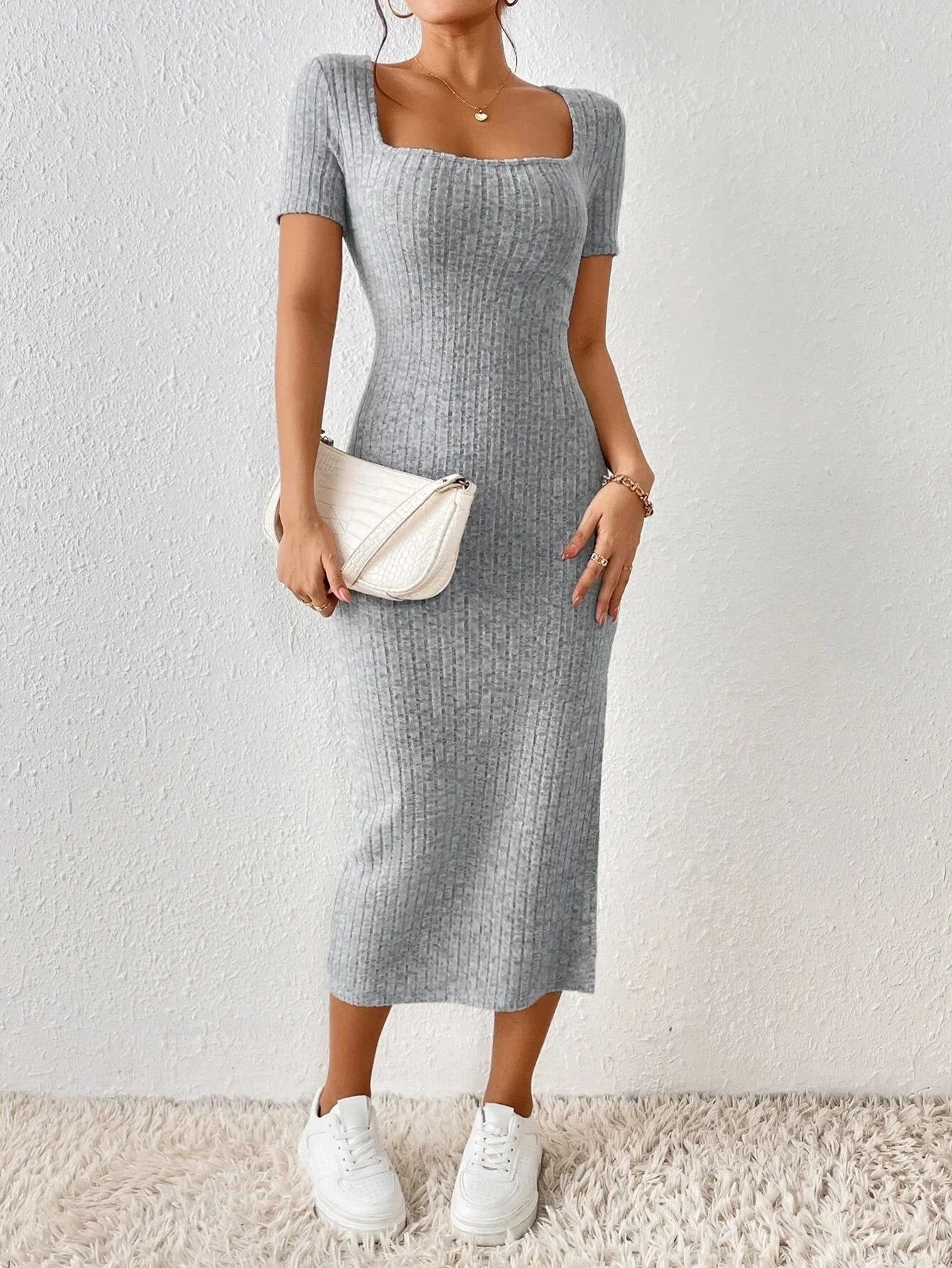 Modern Woman Knitted Dress – Short Sleeve Square Collar With Elegant Side Slit