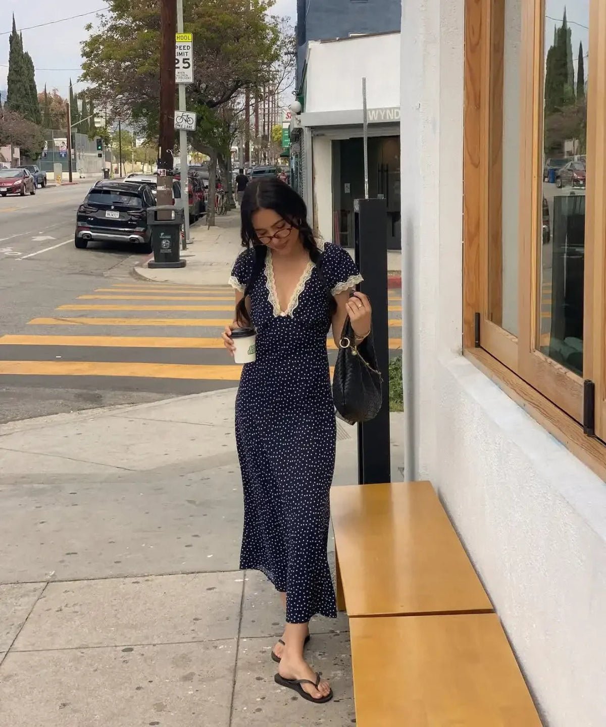 Navy Polka Dot Lace Midi Dress Flutter Sleeves