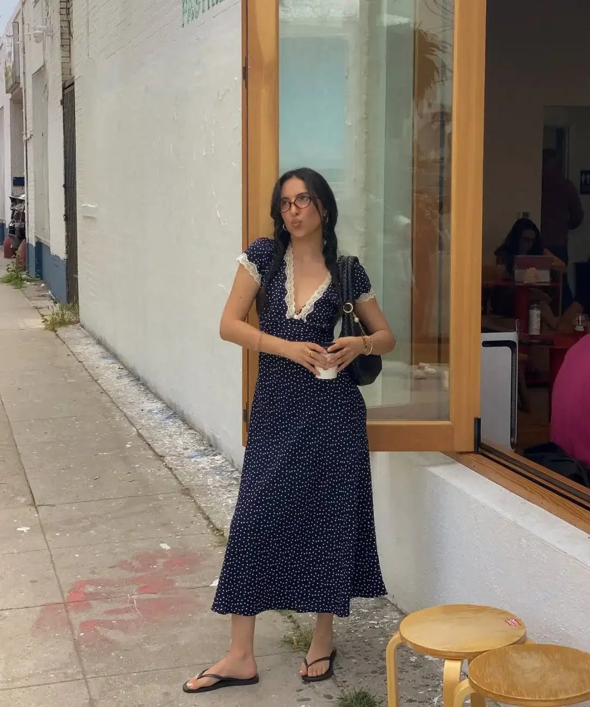 Navy Polka Dot Lace Midi Dress Flutter Sleeves