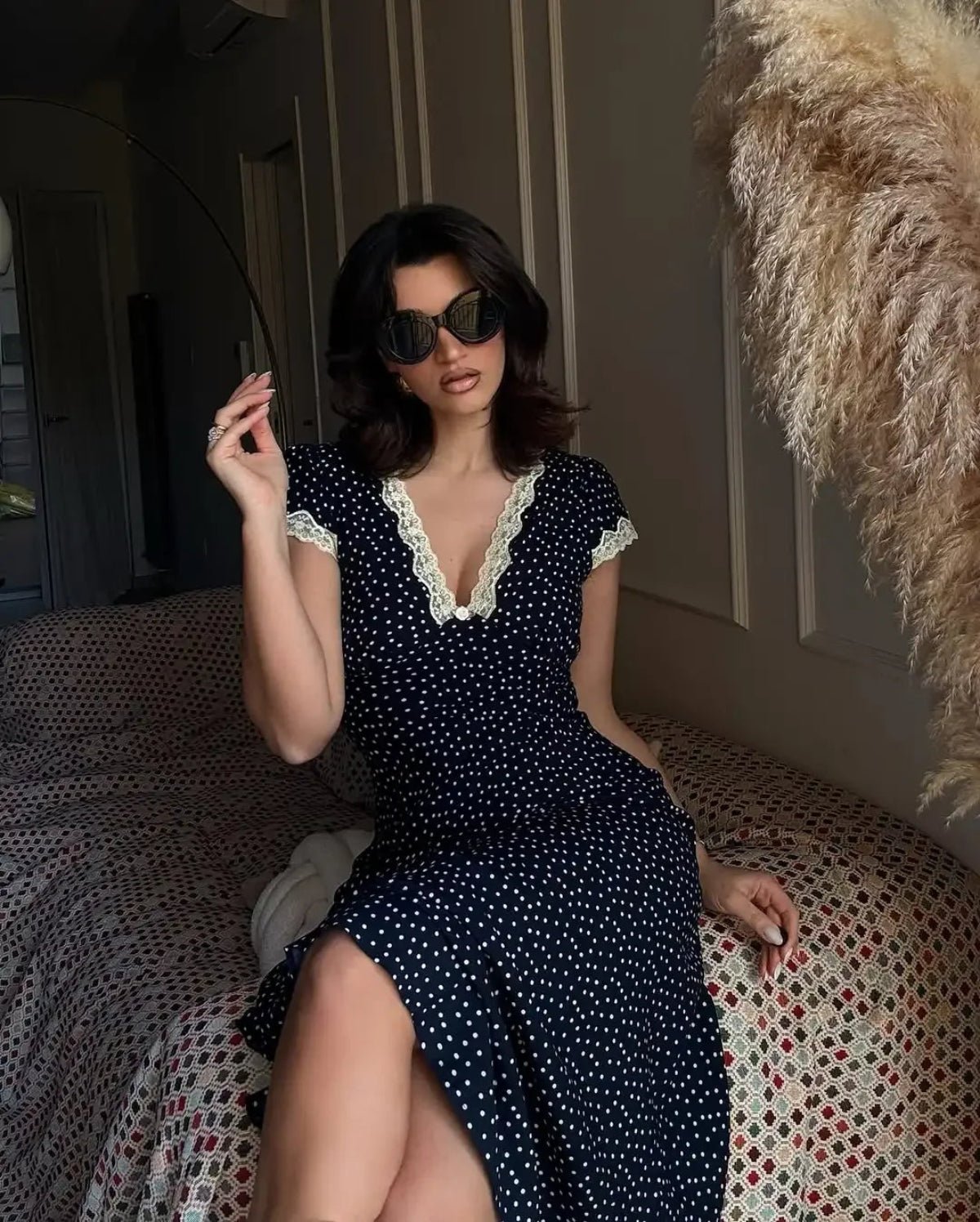 Navy Polka Dot Lace Midi Dress Flutter Sleeves