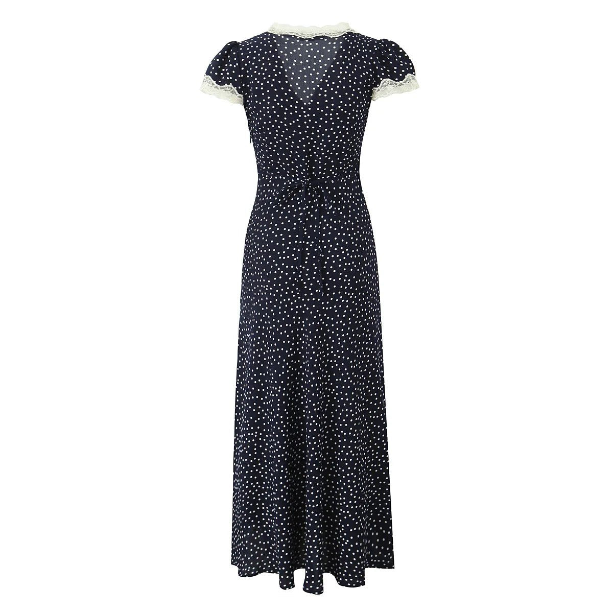 Navy Polka Dot Lace Midi Dress Flutter Sleeves