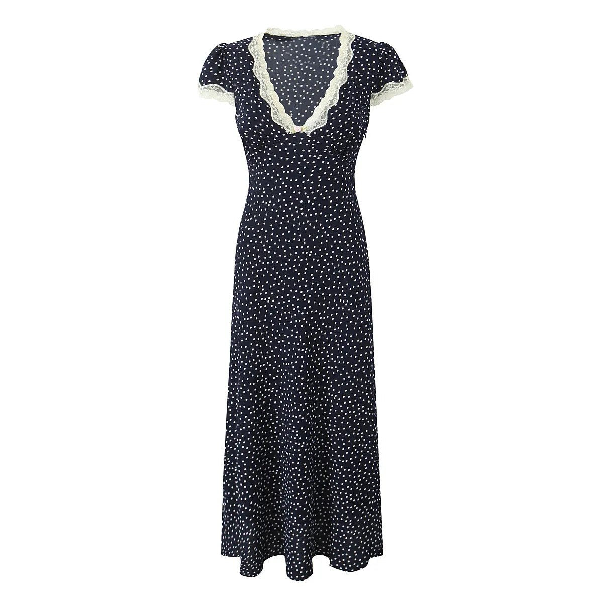 Navy Polka Dot Lace Midi Dress Flutter Sleeves