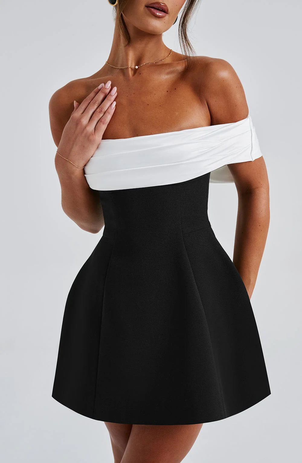 Noir Bloom Bardot Mini Dress Bubble Skirt Back Bow