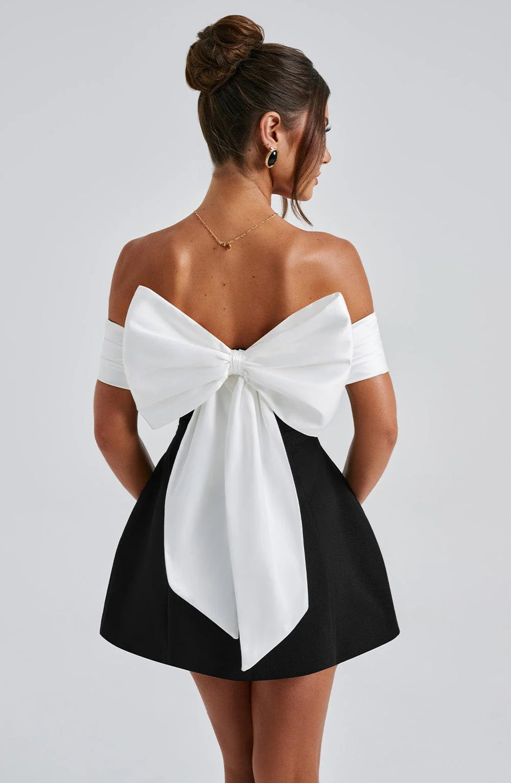 Noir Bloom Bardot Mini Dress Bubble Skirt Back Bow