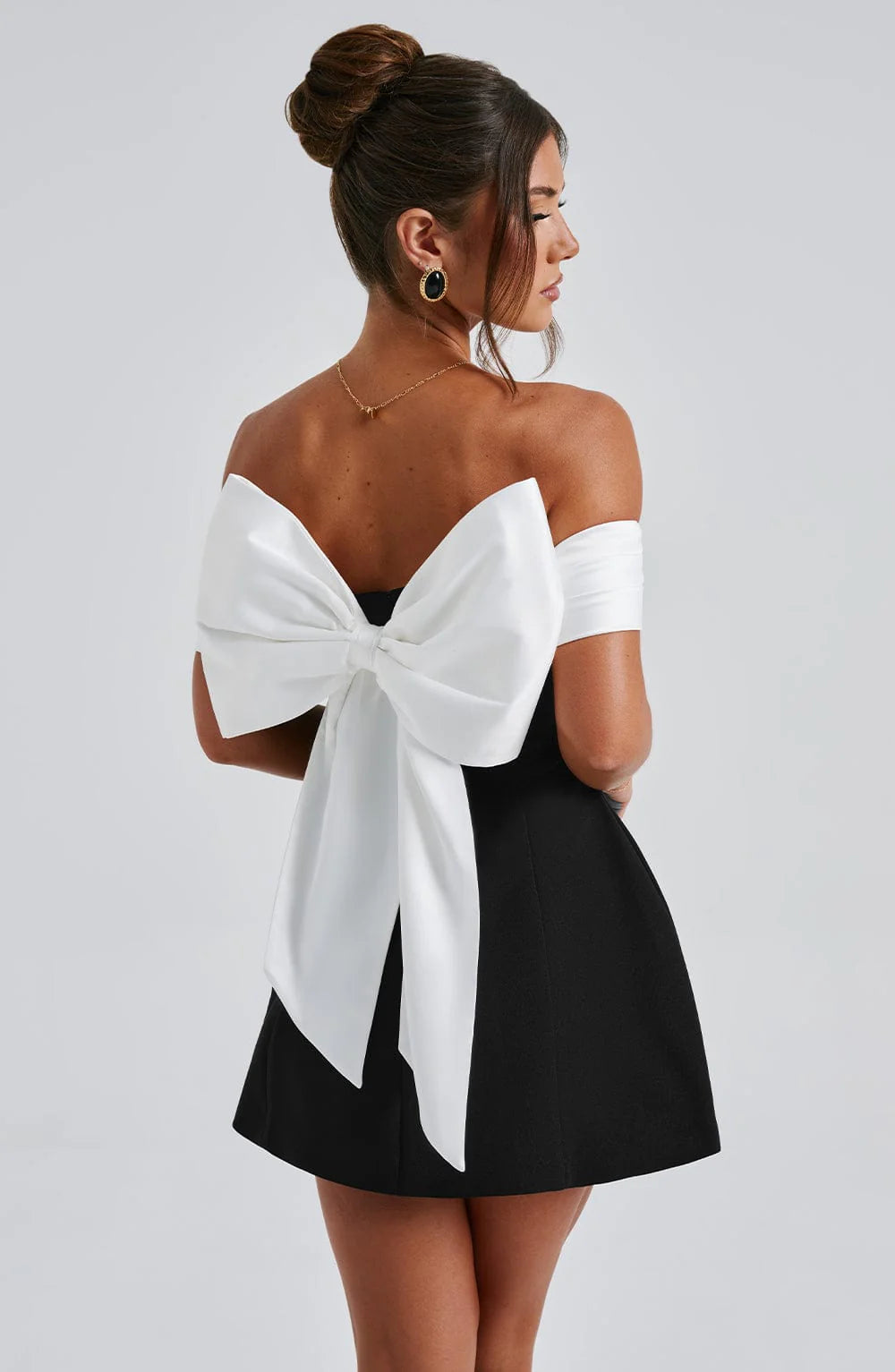 Noir Bloom Bardot Mini Dress Bubble Skirt Back Bow