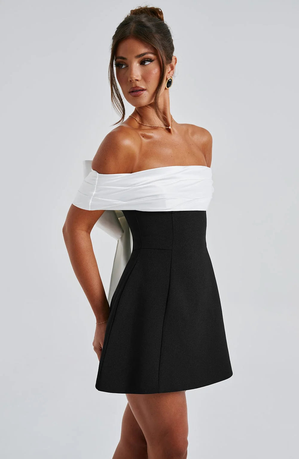 Noir Bloom Bardot Mini Dress Bubble Skirt Back Bow