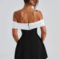 Noir Bloom Bardot Mini Dress Bubble Skirt Back Bow