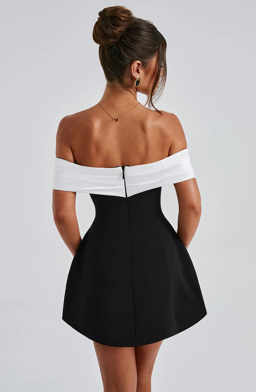 Noir Bloom Bardot Mini Dress Bubble Skirt Back Bow