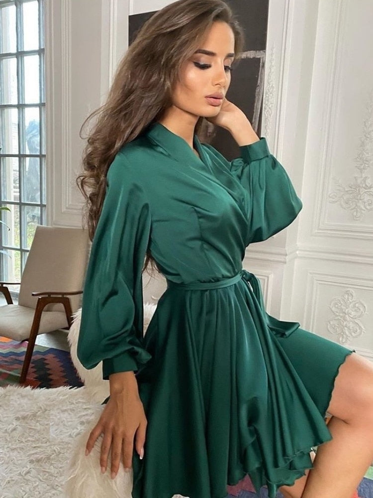 Pauline Satin Wrap Cocktail Dress With Belt