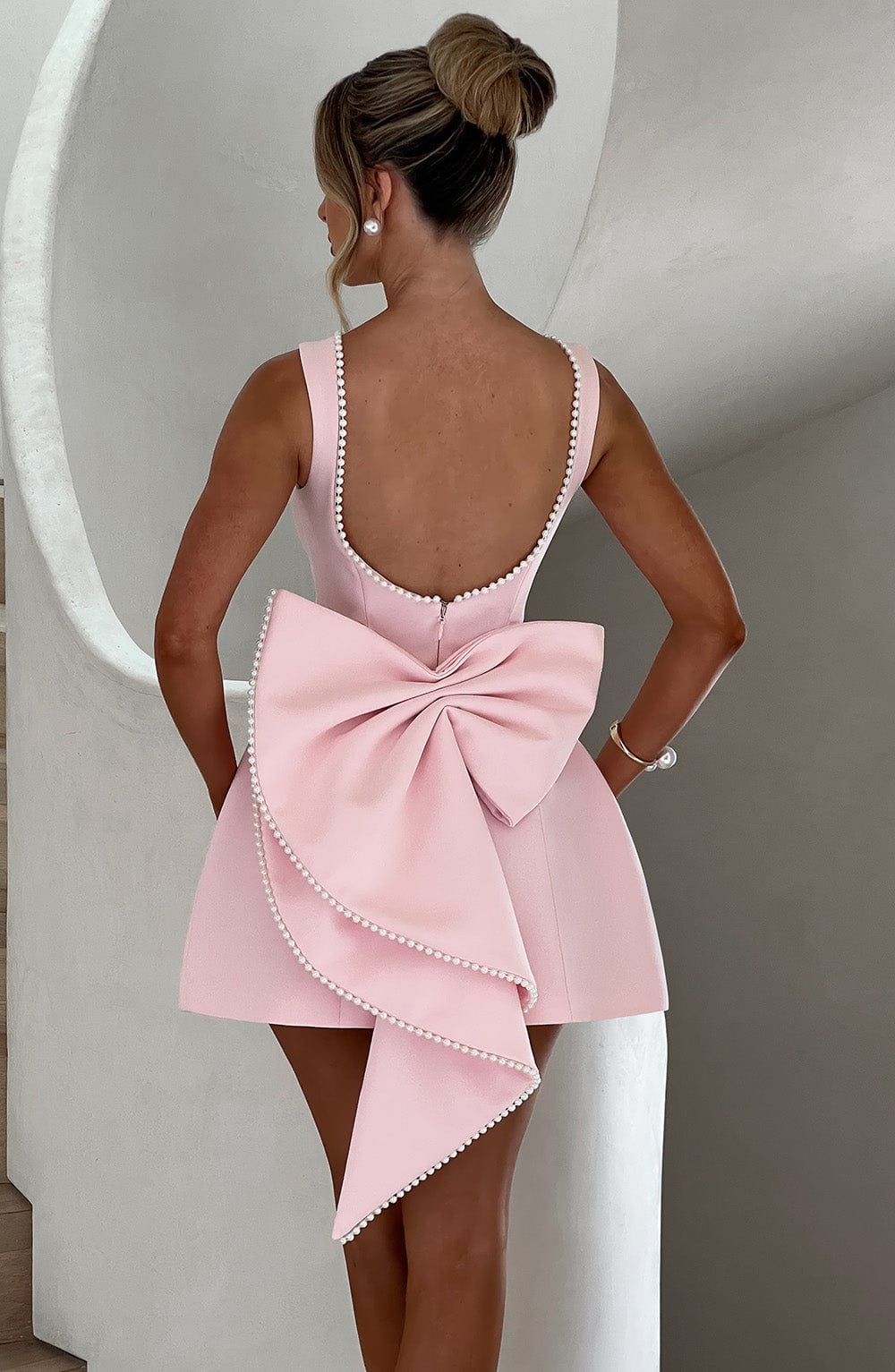 Pink Mini Dress With Pearl Neckline And Back Bow