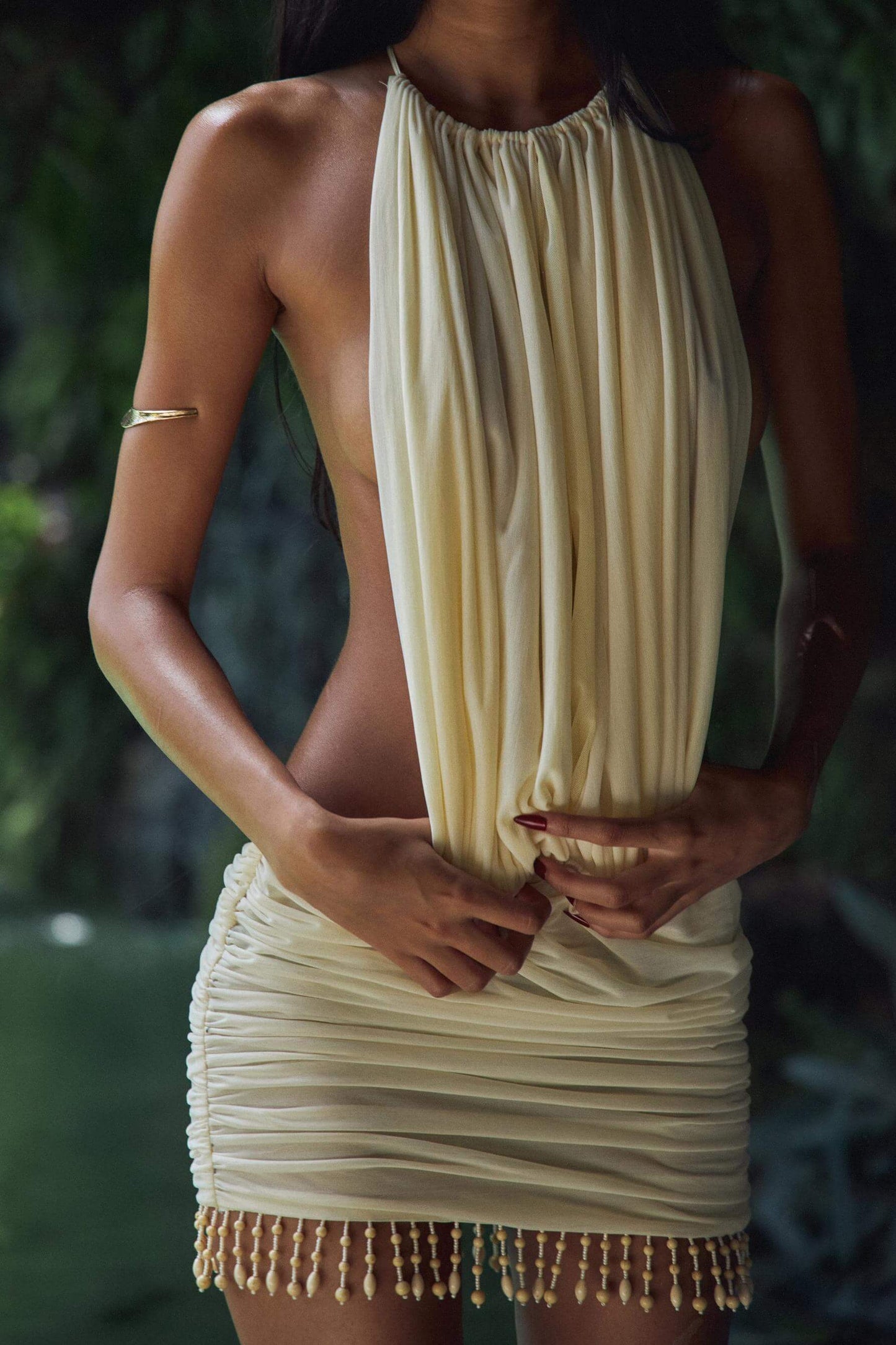 Pleated Halter Neck Open Back Mini Dress