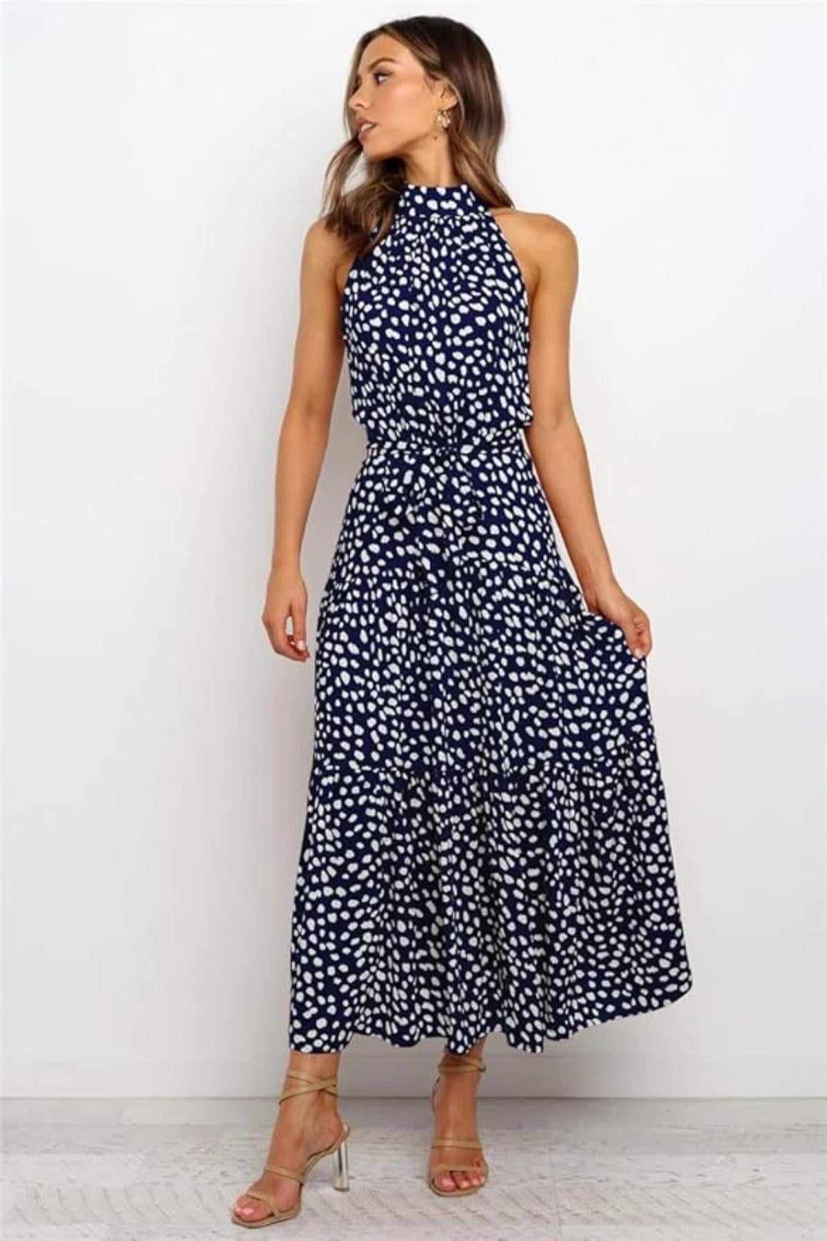 Polka Dot Halter Midi Dress With Adjustable Tie