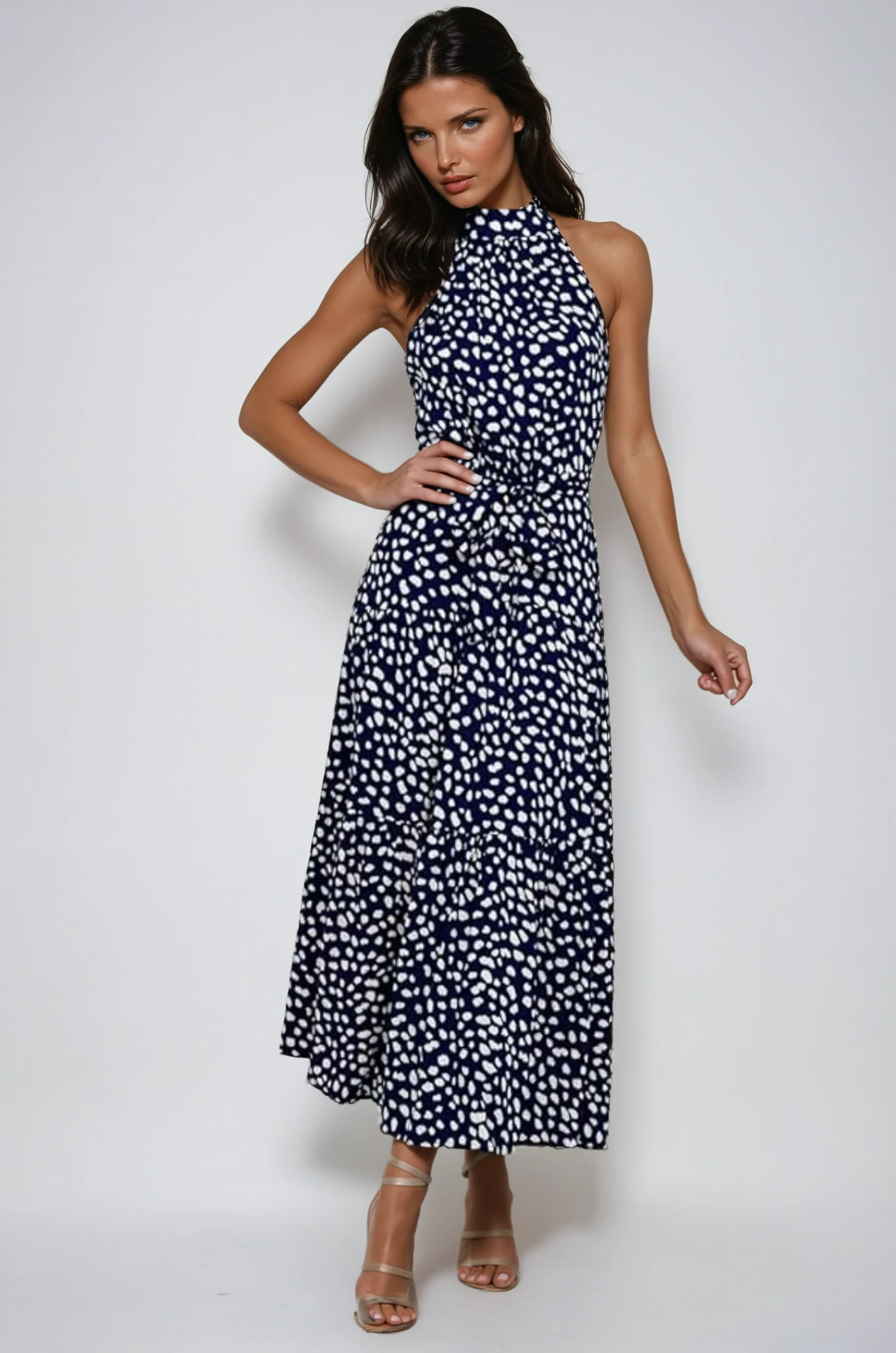Polka Dot Halter Midi Dress With Adjustable Tie