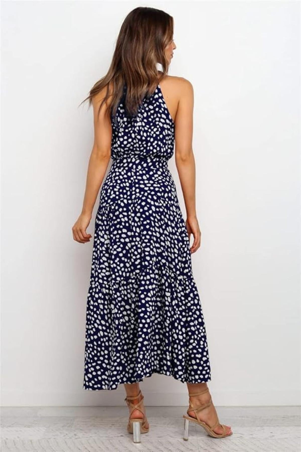 Polka Dot Halter Midi Dress With Adjustable Tie