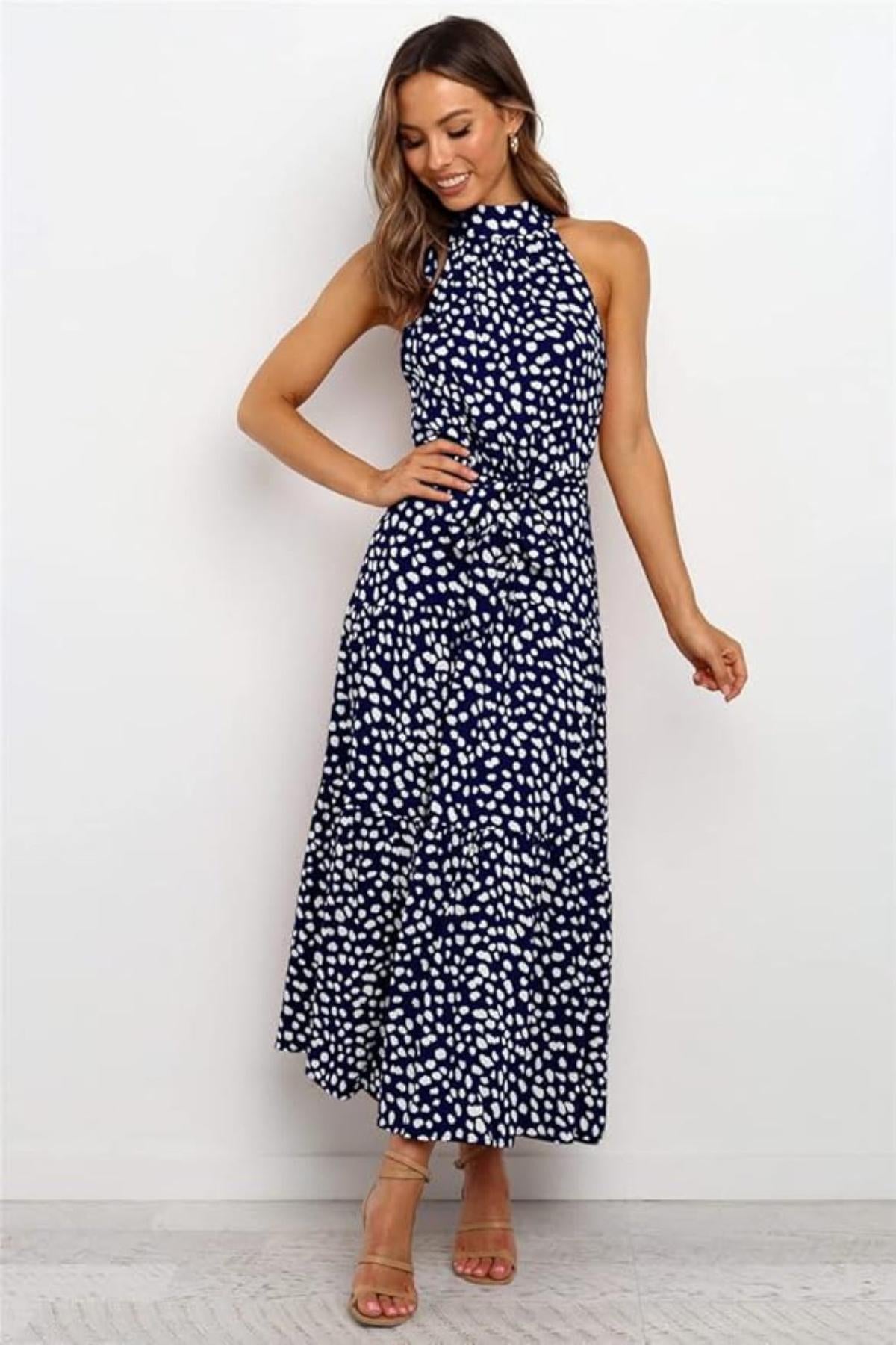 Polka Dot Halter Midi Dress With Adjustable Tie