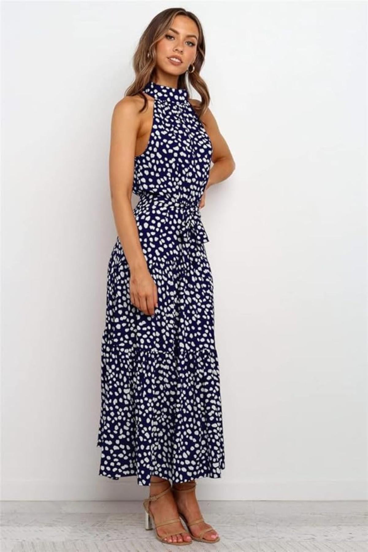 Polka Dot Halter Midi Dress With Adjustable Tie