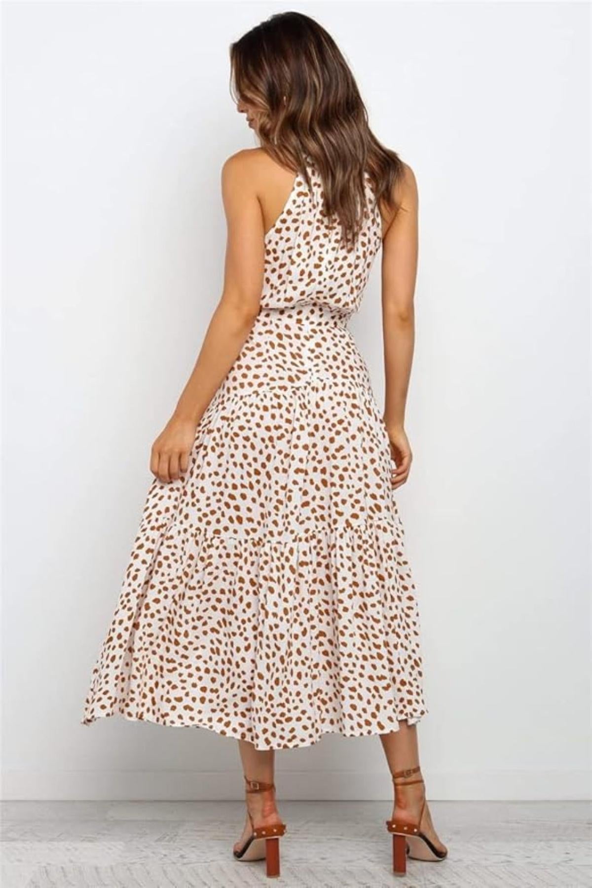 Polka Dot Halter Midi Dress With Adjustable Tie