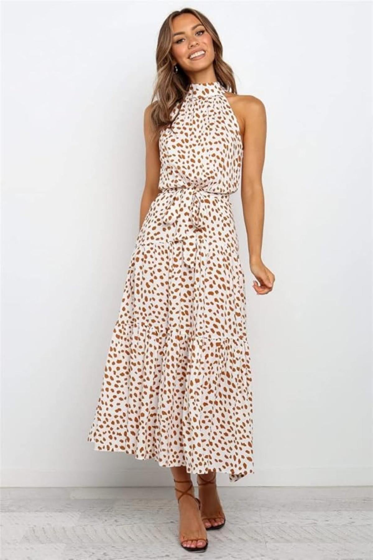 Polka Dot Halter Midi Dress With Adjustable Tie