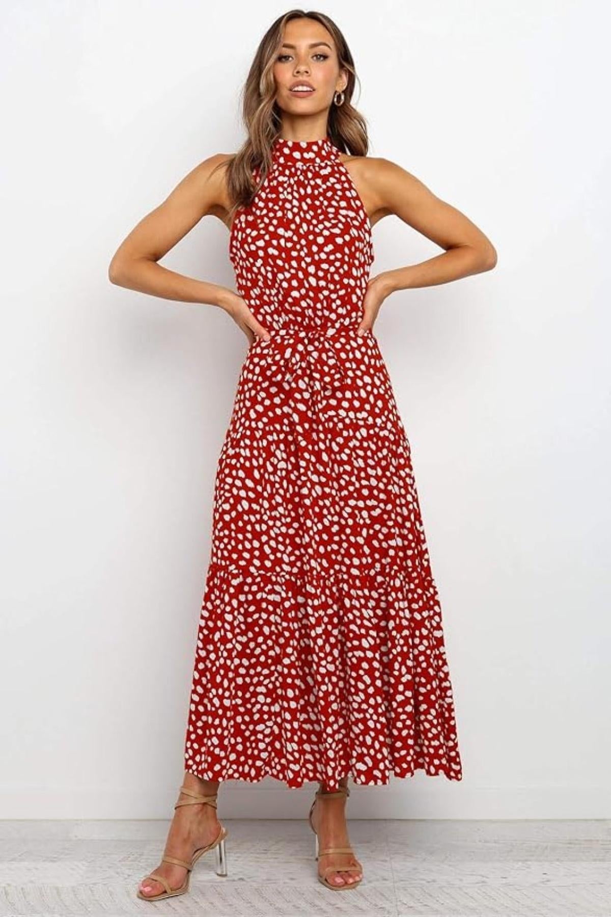Polka Dot Halter Midi Dress With Adjustable Tie