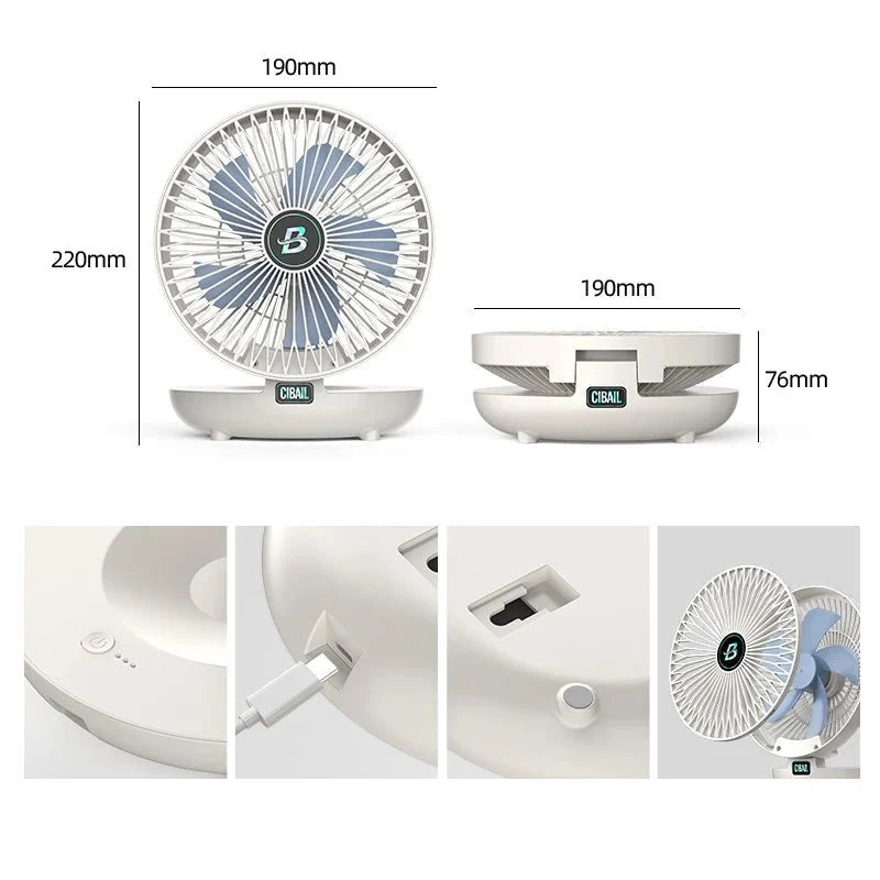 Portable foldable USB desk fan featuring three speed settings, perfect for personal cooling at home or office, compact design for easy storage and portability. 5