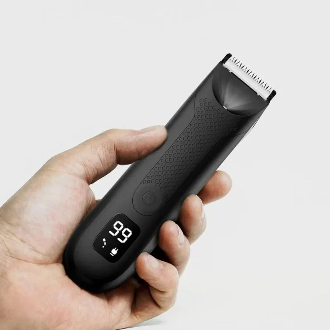 Rechargeable waterproof body trimmer for men featuring ceramic blades, LED light, and adjustable length settings, ideal for precision grooming and personal care. 1