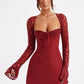 Red Lace Up Back Mini Dress With Sheer Sleeves