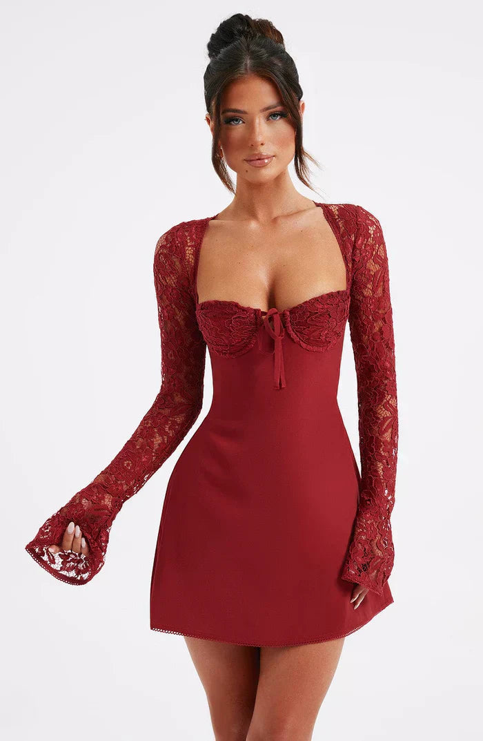 Red Lace Up Back Mini Dress With Sheer Sleeves