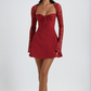 Red Lace Up Back Mini Dress With Sheer Sleeves