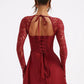 Red Lace Up Back Mini Dress With Sheer Sleeves