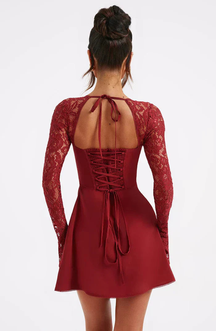 Red Lace Up Back Mini Dress With Sheer Sleeves