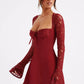 Red Lace Up Back Mini Dress With Sheer Sleeves