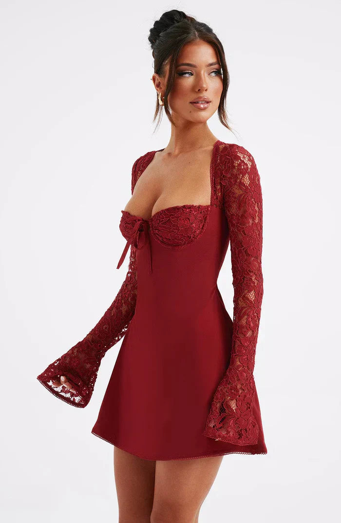 Red Lace Up Back Mini Dress With Sheer Sleeves