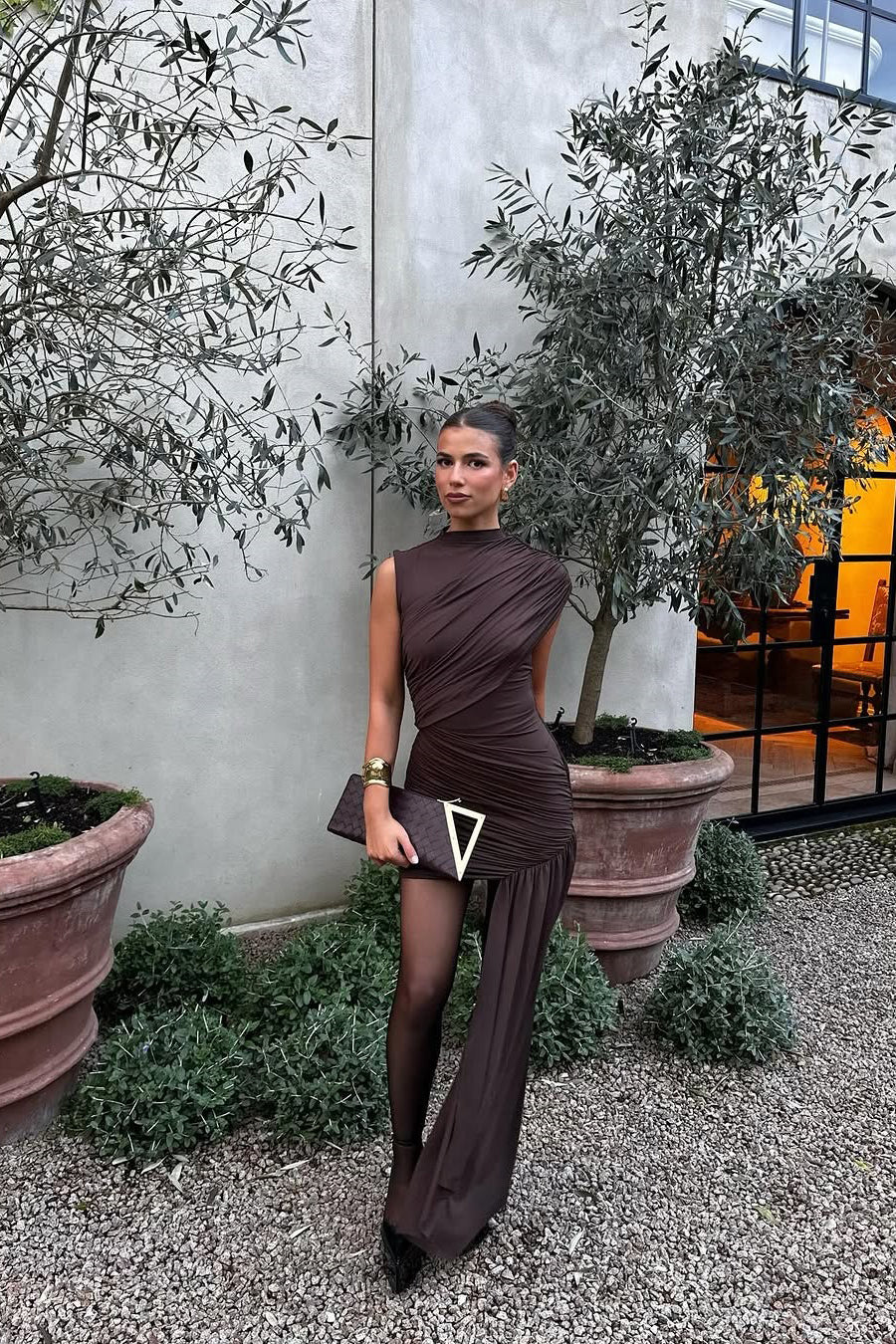 Ruched Asymmetric Chocolate Brown Mini Dress
