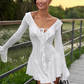 Ruffled Mini Dress Lace-Up Neckline Flared Cuffs