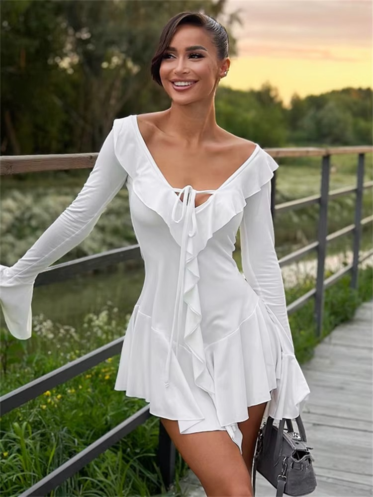 Ruffled Mini Dress Lace-Up Neckline Flared Cuffs