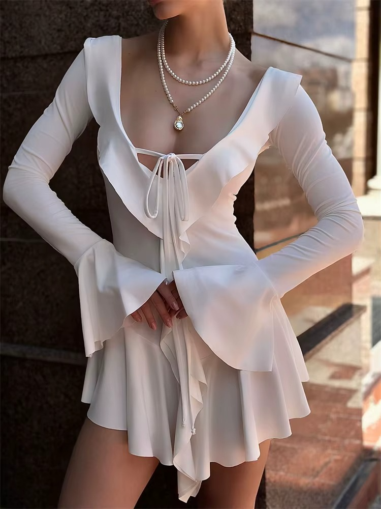 Ruffled Mini Dress Lace-Up Neckline Flared Cuffs
