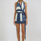 Silk Striped Wrap Halterneck Mini Dress Open Back